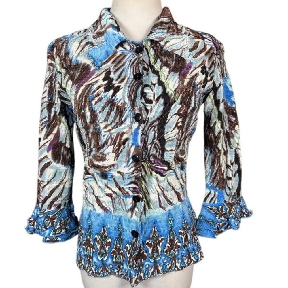 Alberto Makali Womens Abstract Print Sequin Plisse Button Front Blouse Blue M